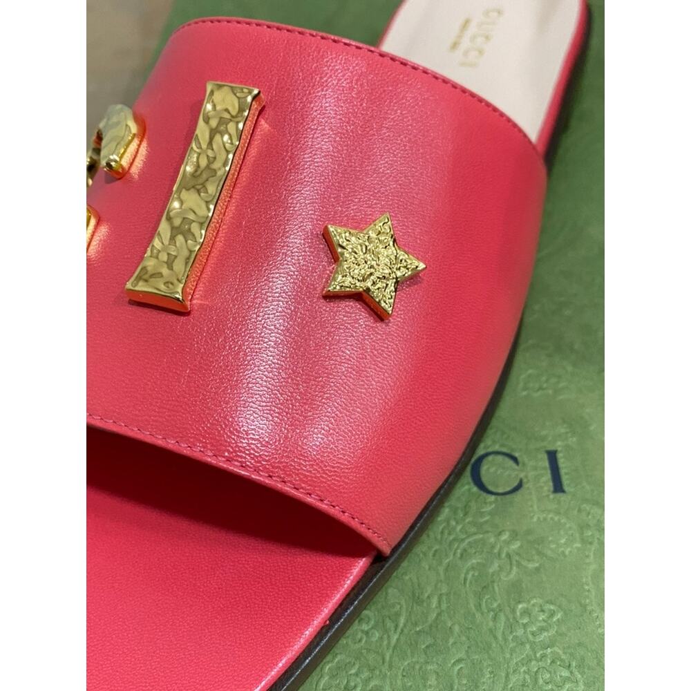 Gucci Cara Slide Sandal In Runway Coral 38 Leather Gold Letter Logo - Picture 4 of 7